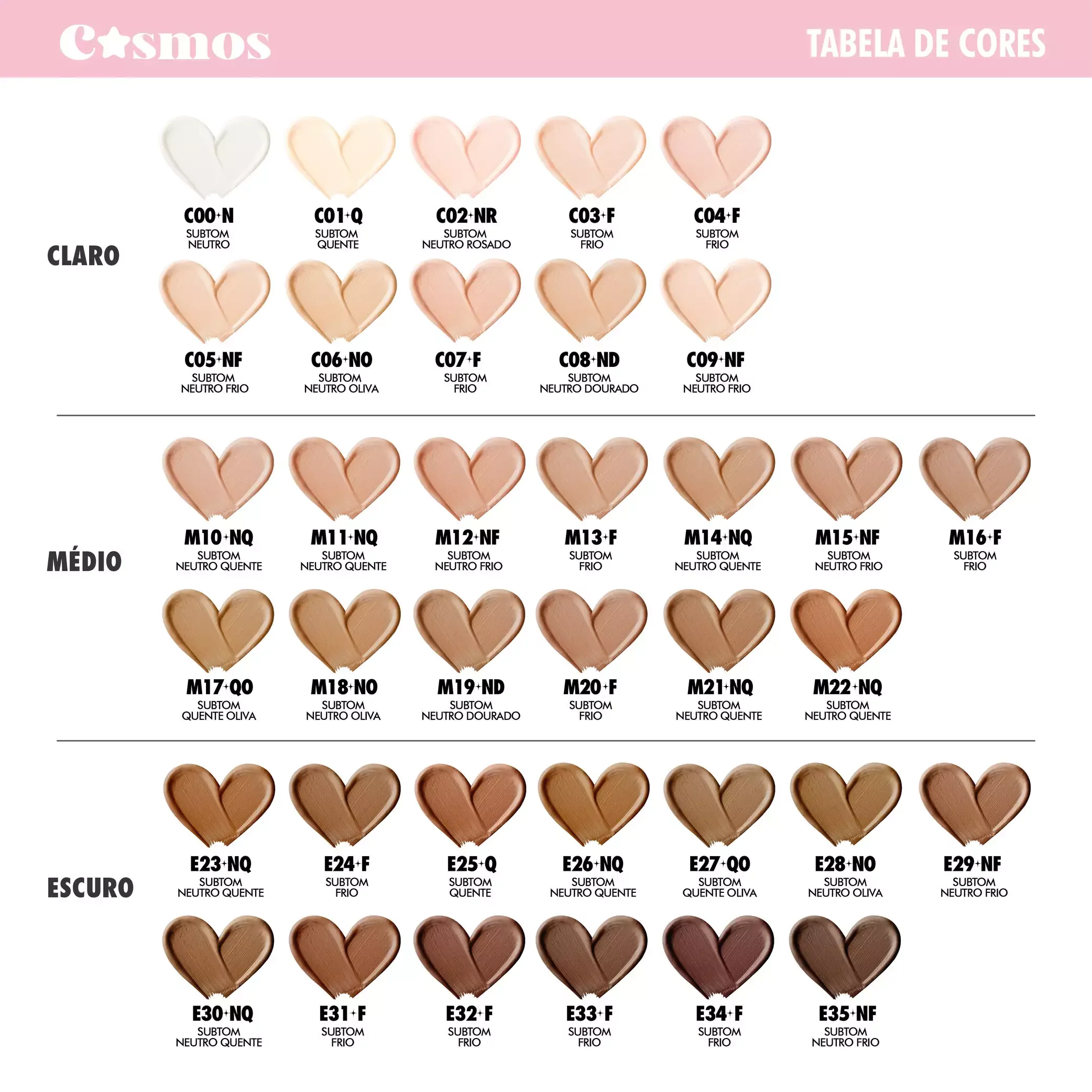 Cartela de tons Base Facial Cosmos — Karen Bachini Beauty